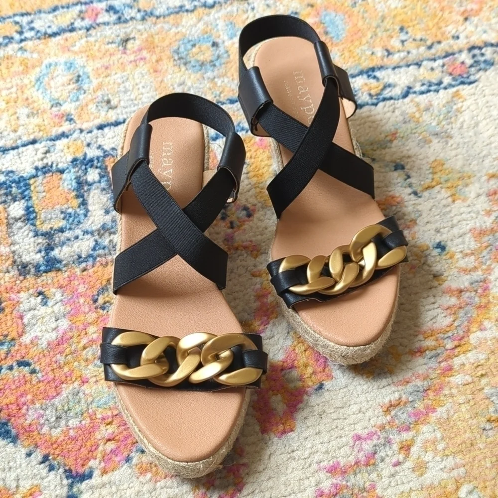 Maypol Leather Chunky Chain Strappy Open Toe Espadrille Wedge Sandals Black 40